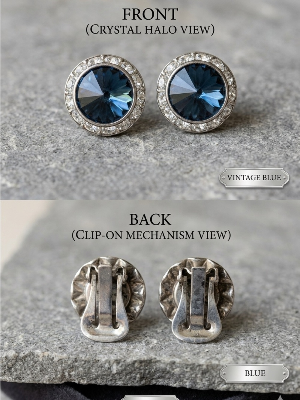 Vintage Clip on Blue and Rhinestone Earrings